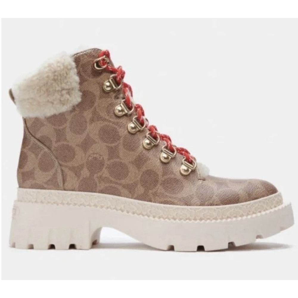Coach Janel Signature Logo Print Shearling Accent Lug Sole Hiker Booties Sz-8.5 - Picture 2 of 14